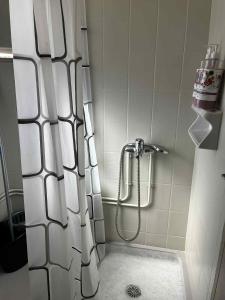 a shower with a shower curtain in a bathroom at Studio Tsakas in Naxos Chora +40 photos