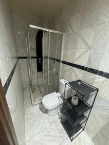 a bathroom with a toilet and a glass shower at cozy house with indoor fireplace in Marathounda