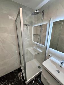 a bathroom with a shower and a sink at Stylish Luxury Stay Frankfurt Nähe in Im Teller