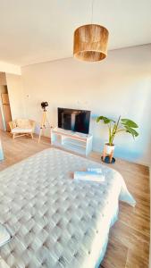 a bedroom with a large bed and a fireplace at Premium Studio in Downtown in Neuquén +14 photos