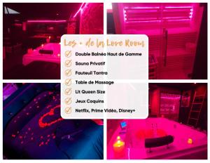a collage of pictures of a room with pink lighting at La Cachette Secrète - Maison romantique avec Balnéo et Sauna Privatif à Caen en Normandie in Caen