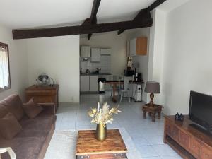a living room with a couch and a tv and a table at Cosy house in Saint-Aunès