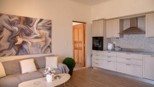 Una sala de estar con un sofá y una cocina. en Belvedere private luxury beach villa, en Halki