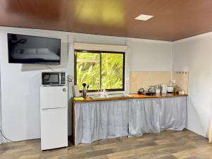 a kitchen with a counter with a sink and a refrigerator at The frog house in Fortuna