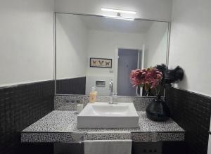 a bathroom sink with a mirror and a vase with flowers at C&C Suites in Los Llanos de Aridane +10 photos