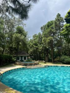 a large blue swimming pool with trees in the background at KTCH Holiday Home in Ulot