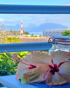 a plate of flowers on a window sill with a lighthouse at Charmant studio avec parking et terrasse à Papeete in Papeete