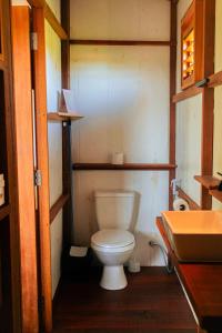 a small bathroom with a toilet and a sink at Casa Maracanã in Barreirinhas +6 photos