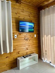 a living room with a television on a wooden wall at Hospedagem Alecrim in Santo Amaro da Imperatriz +20 photos