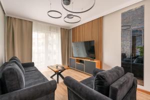 a living room with two couches and a television at Jesionowe Apartamenty nad Odrą, Stare Miasto, Sauna w jednym Apartamencie, Klimatyzacja , Garaż podziemny 0 zł, Odra River , Old Town, New building, Air conditioning, Sauna in one Apt, Underground garage FREE in Wrocław
