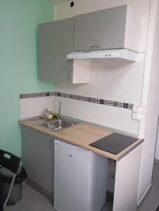 eine weiße Küche mit einem Waschbecken und einer Arbeitsplatte in der Unterkunft Studio rénové proche métro in Lille