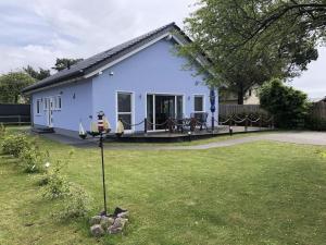 ein blaues Haus mit Rasen davor in der Unterkunft Holiday home with 2 bedrooms in Bresewitz