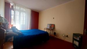 a bedroom with a blue bed and a window at Departamento céntrico bello lugar turístico in Sucre