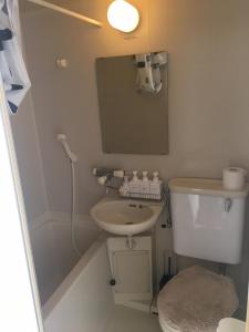 a bathroom with a sink and a toilet and a mirror at Apartment in Narita 117 in Narita
