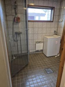 a bathroom with a shower and a sink at Small cottage in Toholampi