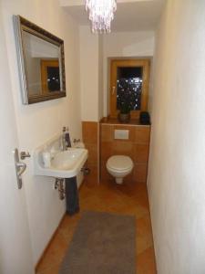 a bathroom with a sink and a toilet and a chandelier at Haus Kunterbunt in Reichenberg