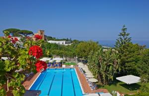 a pool with a balcony overlooking a beach at B&B Il Sogno in Anacapri