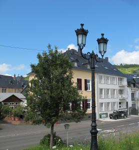 ein Straßenlicht mit einem Baum vor einem Gebäude in der Unterkunft Mosel - River - Quartier 31 in Lieser