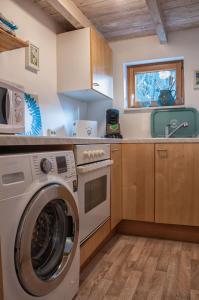 eine Küche mit einer Waschmaschine und einem Waschbecken in der Unterkunft Ferienhaus Brauner Hirsch in Celle