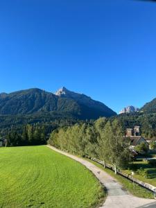a road through a field with mountains in the background at Apartement Lampi in Kötschach