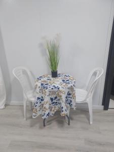a table with a plant on it with two chairs at בקתה על הנחל in Yuval