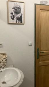une salle de bains avec un lavabo et une photo d'un homme dans l'établissement appartement T2 RDC, à Ax-les-Thermes