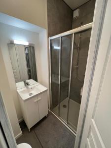 a bathroom with a shower and a sink at Apartment - Abbaye aux Dames, reserved parking in Saintes