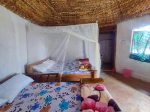 a bedroom with two beds and a window at Sipi Backpackers in Kapchorwa