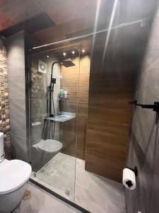 a bathroom with a glass shower with a toilet at Urban Luxe Oasis in Bacolod