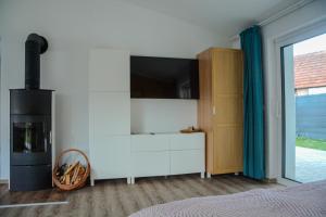 1 dormitorio con chimenea y TV en la pared en Bungalov Vlnka, en Vlachy