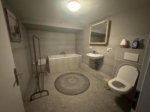 a bathroom with a white toilet and a sink at Monteurwohnung Köln Rösrath in Rösrath