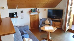 a living room with a blue couch and a tv at Appartement In Wittenschwand in Wittenschwand