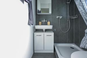 a bathroom with a sink and a shower and a tub at Ferienwohnung mit Balkon nahe Interlaken & Adelboden in Frutigen +48 photos