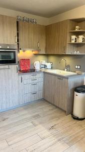 Una cocina con armarios de madera, fregadero y microondas. en Hamburger Ostseeperle Zingst, en Zingst 7 fotos más