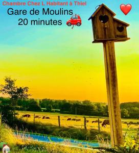 a sign with a bird house on a pole in a field at CHAMBRE SUITE - Entrée INDÉPENDANTE - Wifi Tv Sport - Chez L habitant in Thiel-sur-Acolin