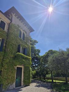 a building covered in ivy with the sun behind it at Residenza Borgo 27 in Grezzana