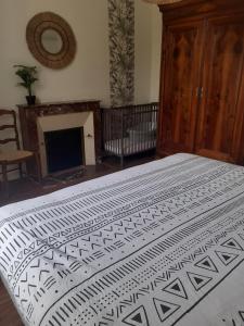 a large bed in a room with a fireplace at Charmante maison de ville avec le calme de la campagne in Poitiers