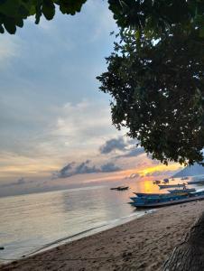 eine Gruppe Boote am Strand bei Sonnenuntergang in der Unterkunft Bunaken Coral Homestay in Bunaken + 52 Fotos