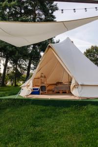 a white tent in the grass in a field at Lakeside camping in Balninkai