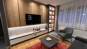 a living room with a tv and a chair at Modern Mountain Mystic Kolasin in Kolašin