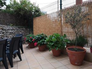 a patio with a table and chairs and potted plants at Apartamento Camino a Lancha in Miengo +18 photos