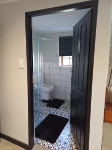a bathroom with a toilet and a glass door at 7th Heaven Guest Cottage in Paarl