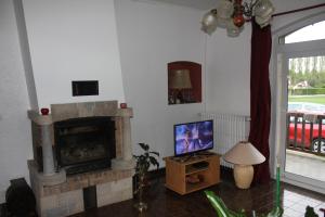 a living room with a fireplace and a tv at Le Tacot in Auxon-Dessus