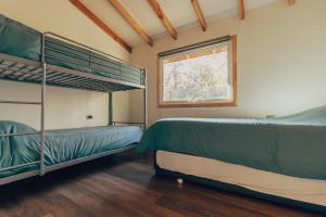 two bunk beds in a room with a window at Aldea Molco El Pellin in Villarrica