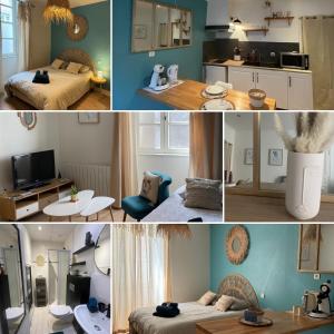 un collage di foto di una camera da letto e di un soggiorno di Studio Boho-Chic en centre ville a Moulins
