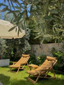 zwei Gartenstühle und ein Sonnenschirm im Gras in der Unterkunft Ayshira Aparts in Kemer + 3 Fotos