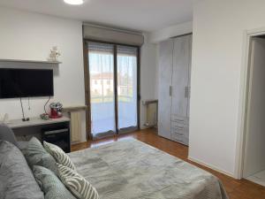 a living room with a couch and a flat screen tv at Mary Apartment in Vercelli