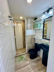 a bathroom with a toilet and a sink and a shower at Sea Breeze inn in Providencia +25 photos