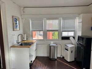 キッチナーにあるThe Pandora Studioのキッチン(シンク付)、窓2つが備わります。