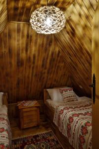 a bedroom with two beds and a chandelier at Ranč Kuzmanović in Doboj